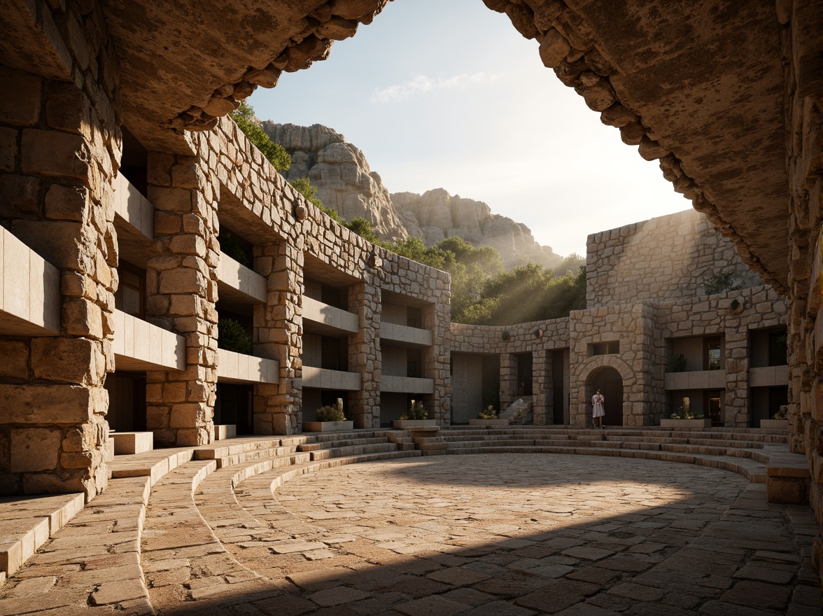 Prompt: Rugged stone amphitheater, brutalist architecture, natural rough-hewn textures, dramatic overhead lighting, warm sunbeams, dappled shadows, raw concrete structures, geometric seating areas, minimal ornamentation, earthy color palette, organic shapes, monumental scale, cinematic atmosphere, low-angle shots, high-contrast lighting, rich ambient occlusion.