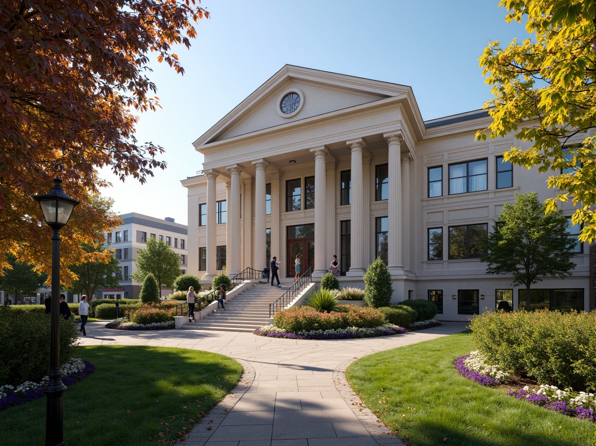 Prompt: Majestic courthouse building, neoclassical architecture, ornate columns, grand staircase, lush green lawns, vibrant flower beds, manicured hedges, walking paths, natural stone pavement, historic lamp posts, seasonal blooming trees, sunny afternoon, soft warm lighting, shallow depth of field, 3/4 composition, symmetrical framing, realistic textures, ambient occlusion.