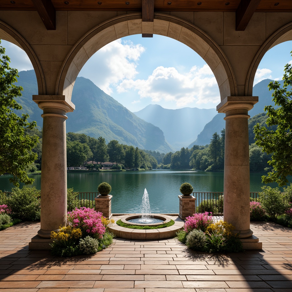 Prompt: Panoramic mountain views, serene lakeside scenery, lush green forests, rustic wooden decks, grandeur stone columns, elegant archways, majestic fountain displays, vibrant floral arrangements, dramatic cloud formations, warm golden lighting, soft misty atmosphere, 3/4 composition, symmetrical framing, realistic textures, ambient occlusion.