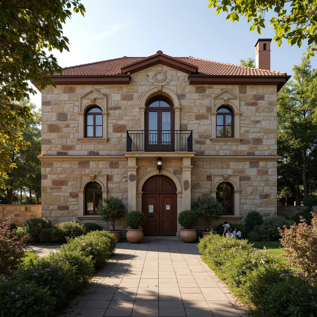 Prompt: Rustic Romanesque school building, weathered stone fa\u00e7ade, arched windows, ornate carvings, earthy tone brick walls, terracotta roof tiles, copper accents, heavy wooden doors, wrought iron railings, lush greenery, blooming vines, natural stone pathways, educational signage, warm afternoon lighting, soft shadows, 1/2 composition, symmetrical framing, realistic textures, ambient occlusion.