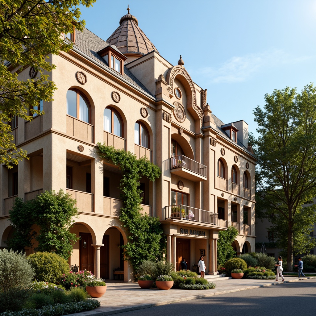 Prompt: Rustic school building, Romanesque style, ornate carvings, intricate stone patterns, grand archways, ribbed vaults, pointed domes, rich brownstone fa\u00e7ade, warm beige stucco walls, decorative pilasters, ornamental capitals, classic columns, vibrant green ivy, blooming flower boxes, sunny afternoon, soft golden lighting, shallow depth of field, 2/3 composition, symmetrical framing, realistic textures, ambient occlusion.