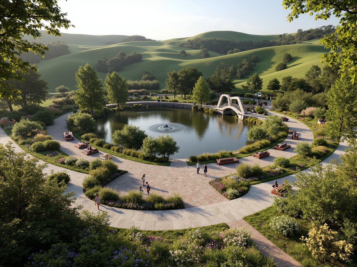 Prompt: Rolling hills, serene lakeside, lush greenery, vibrant wildflowers, meandering pathways, ornate bridges, rustic wooden benches, modern sculptures, sleek metal railings, natural stone retaining walls, grand entrance gates, elegant fountains, soft warm lighting, shallow depth of field, 3/4 composition, panoramic view, realistic textures, ambient occlusion.