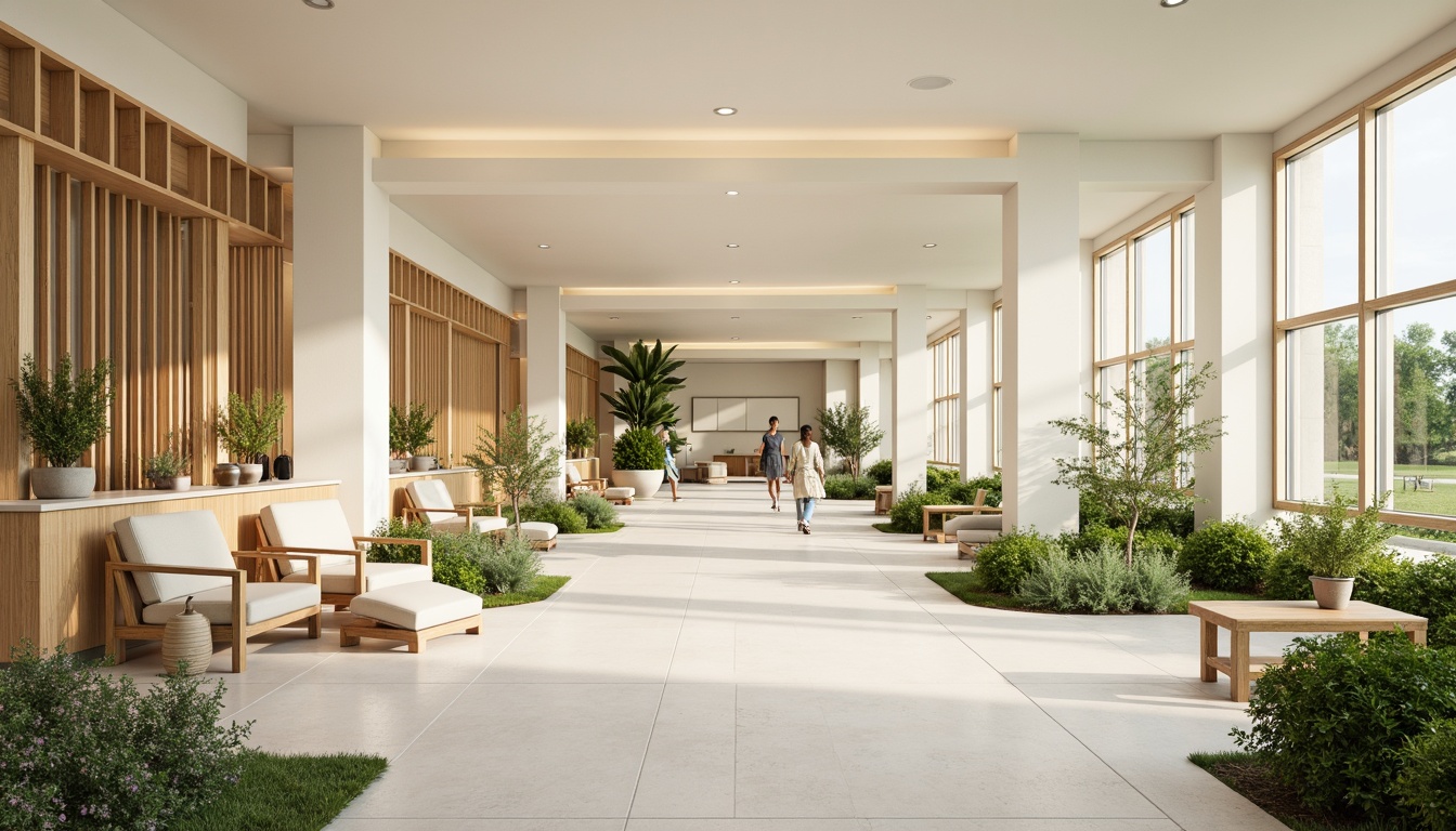 Prompt: Soothing healthcare center, calming atmosphere, gentle color palette, soft pastel hues, creamy whites, warm beige tones, natural wood accents, comfortable seating areas, lush greenery, vibrant flowers, peaceful water features, subtle texture patterns, minimal ornamentation, clean lines, modern minimalist design, abundant natural light, soft diffused lighting, shallow depth of field, 1/1 composition, realistic renderings, ambient occlusion.