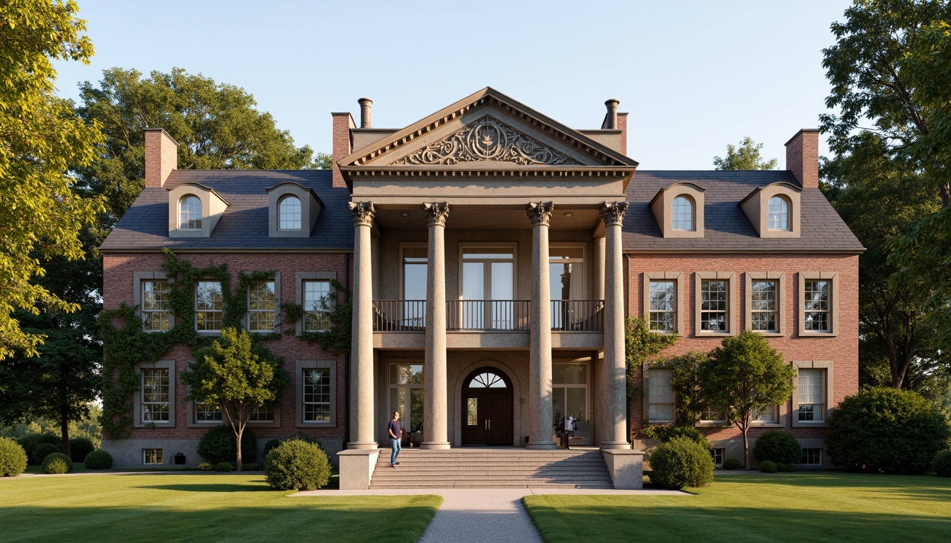 Prompt: Classical columns, ornate stone carvings, symmetrical facade, rusticated base, grand entrance, arched windows, dormers, steeply pitched roofs, traditional brickwork, ivy-covered walls, mature trees, serene campus atmosphere, soft natural lighting, warm color palette, harmonious proportions, balanced composition, subtle texture variations, realistic material renderings, ambient occlusion.