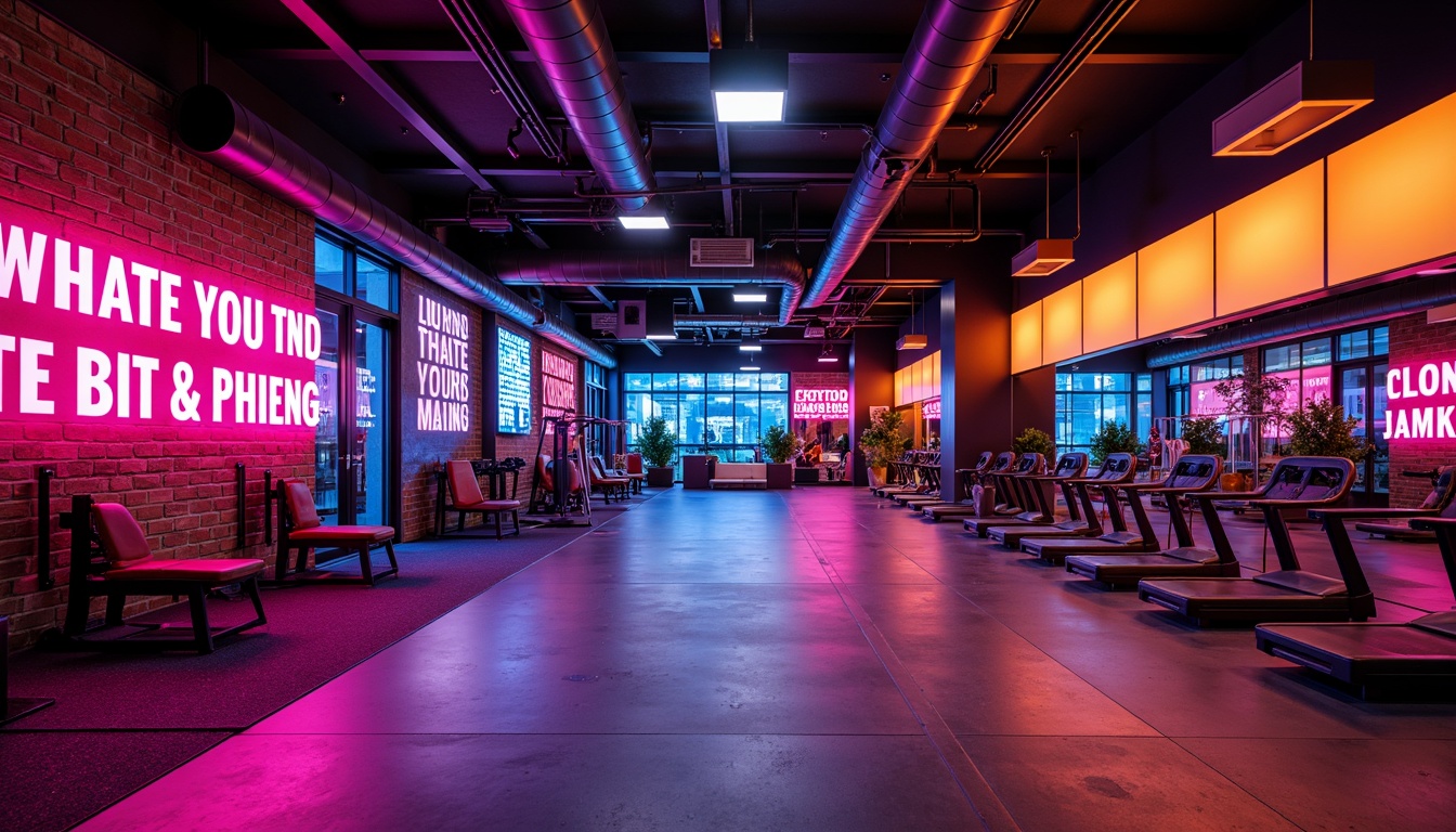 Prompt: Vibrant fitness club interior, bold color scheme, energetic atmosphere, neon accents, motivational quotes, modern gym equipment, rubber flooring, mirrored walls, urban industrial design, exposed ductwork, metal beams, LED lighting, dynamic shadows, high-contrast textures, 1/1 composition, dramatic spotlighting, athletic-inspired patterns, sweat-resistant materials, refreshing color tones.