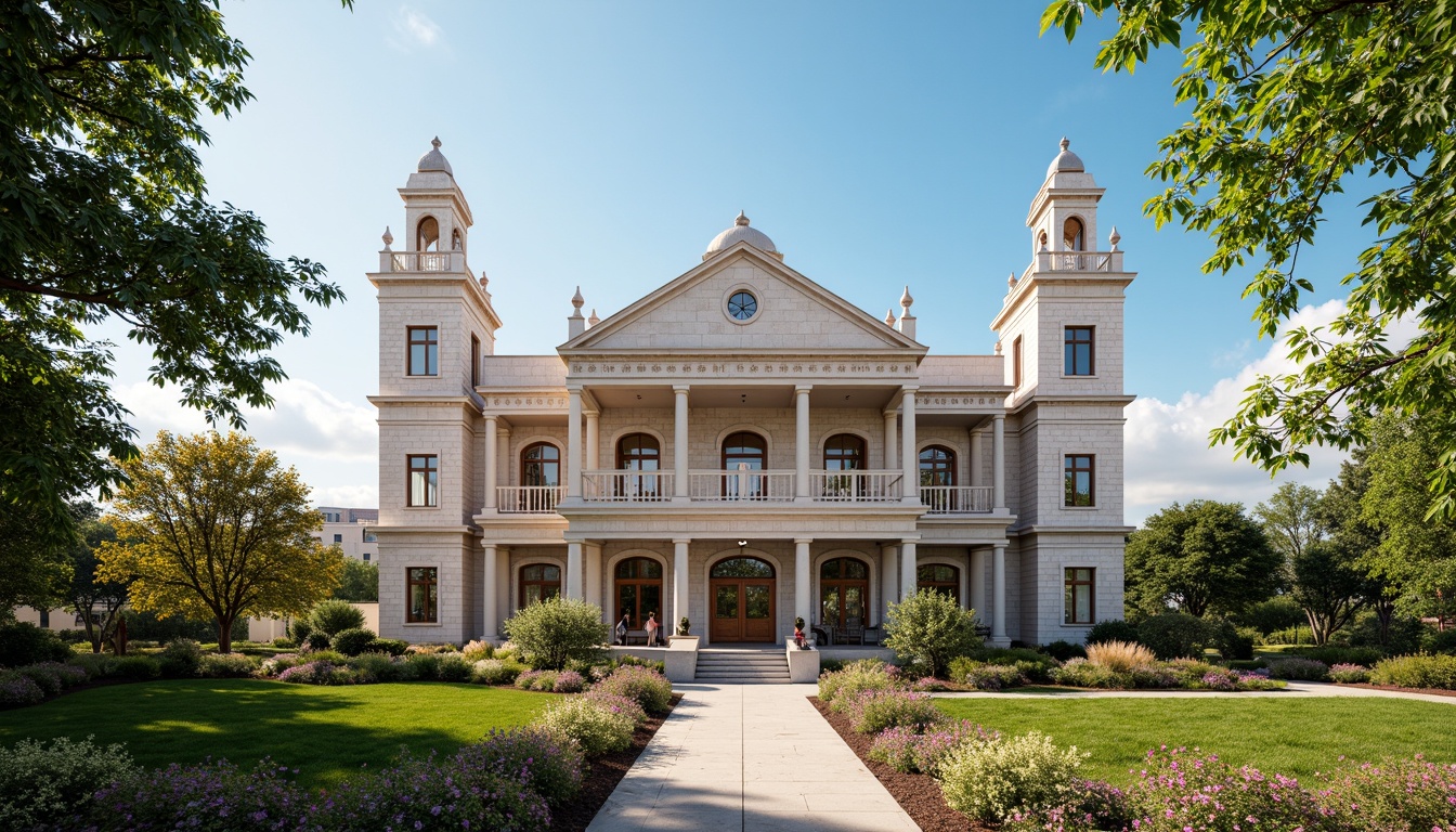 Prompt: Historic courthouse building, neoclassical facade, ornate columns, grand entrance, symmetrical composition, rusticated stone walls, classical pediments, majestic clock towers, intricate stonework, dramatic archways, formal landscaping, lush greenery, vibrant flowers, manicured lawns, sunny day, soft warm lighting, shallow depth of field, 3/4 composition, panoramic view, realistic textures, ambient occlusion.