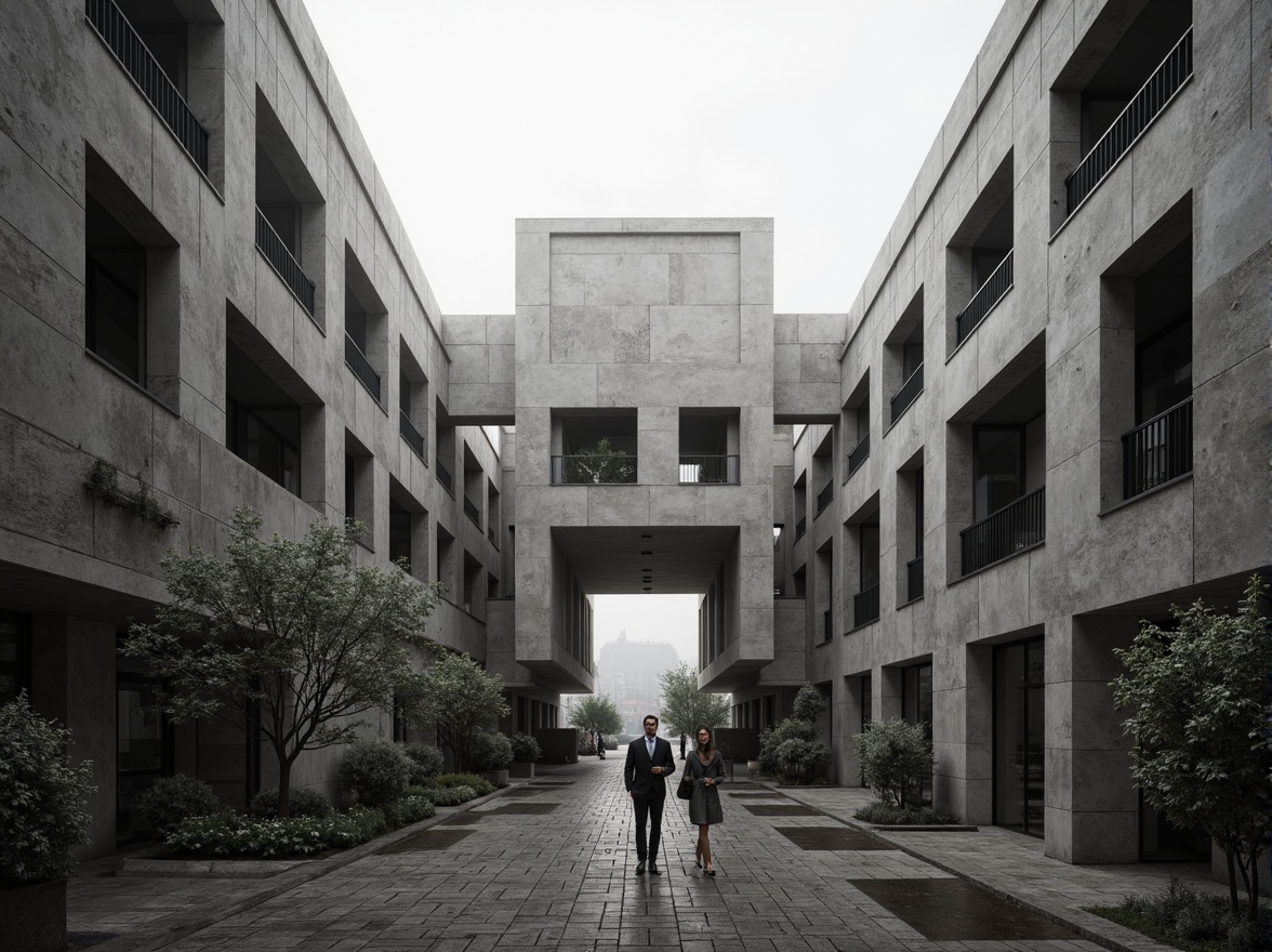 Prompt: Rugged university campus, brutalist architecture, raw concrete structures, fortress-like buildings, geometric shapes, industrial materials, metal beams, exposed ductwork, rough-hewn stone walls, minimalist design, functional simplicity, monochromatic color scheme, dramatic lighting effects, high contrast shadows, 1/1 composition, symmetrical framing, realistic textures, ambient occlusion, atmospheric misting, overcast sky, diffused natural light.