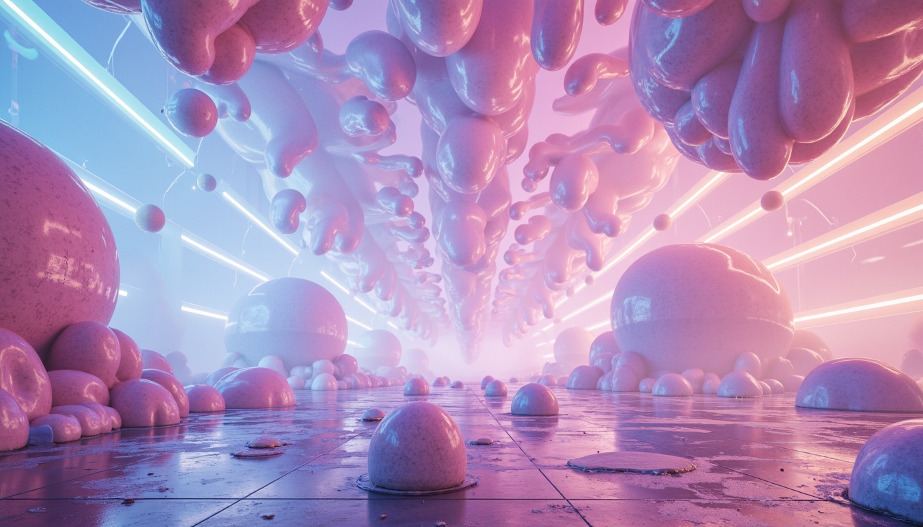 Prompt: Vibrant blob-like structures, pastel color palette, soft gradient transitions, iridescent materials, shimmering effects, glowing accents, neon lights, futuristic ambiance, sleek metallic surfaces, reflective glass elements, holographic projections, ambient occlusion, misty atmospheric conditions, 3/4 composition, panoramic view, realistic textures.