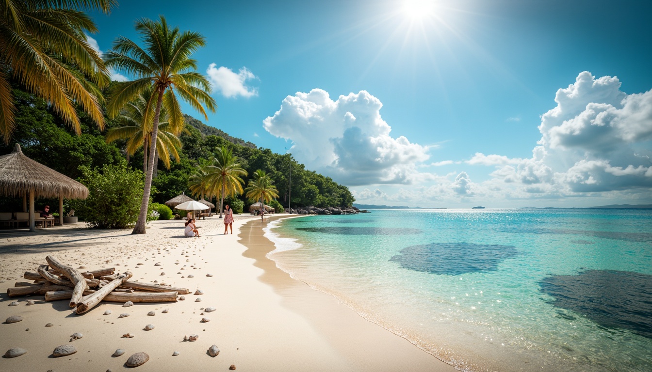 Prompt: Warm sandy shores, crystal clear waters, tropical palm trees, beach huts, driftwood, seashells, ocean breeze, salty air, vibrant coral reefs, schools of fish, sunny day, soft warm lighting, shallow depth of field, 3/4 composition, panoramic view, realistic textures, ambient occlusion, calming blue-green color palette, soothing pastel hues, natural earthy tones, weathered wooden accents, nautical rope details, ocean-inspired patterns.