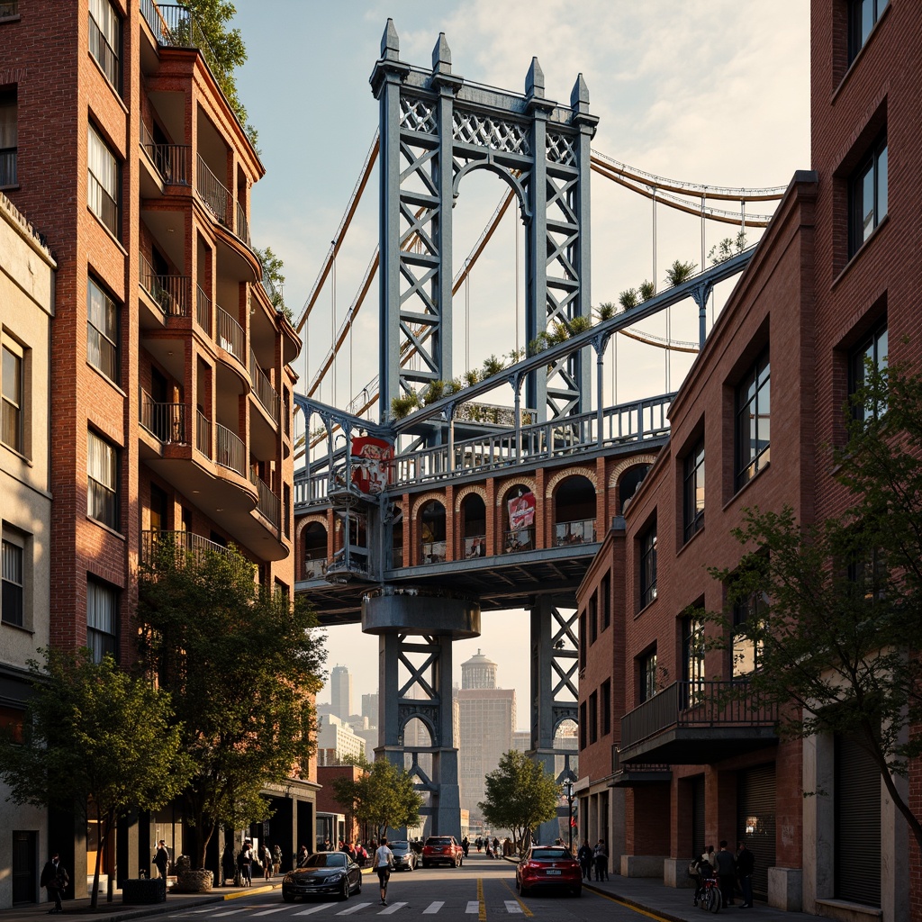 Prompt: Eccentric bridge design, eclectic structural elements, vibrant color palette, intricate metalwork, ornate railings, asymmetrical arches, ornamental towers, imposing piers, decorative trusses, distressed stone walls, industrial steel beams, futuristic cantilevers, dynamic suspension cables, abstract geometric patterns, warm golden lighting, dramatic shadows, 1/2 composition, atmospheric perspective, cinematic framing.