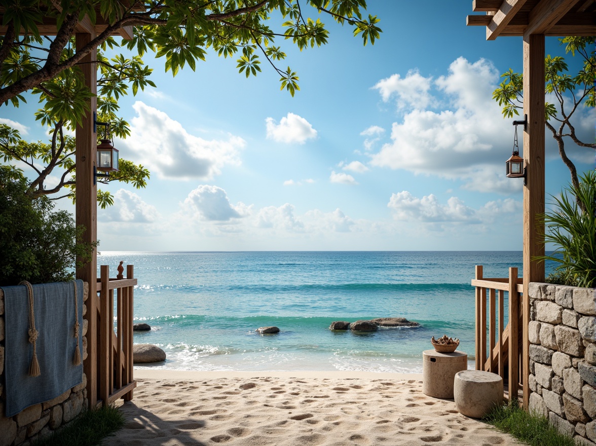 Prompt: \Calm ocean waves, soothing blue tones, gentle sea breeze, driftwood accents, weathered stone walls, nautical ropes, distressed denim fabrics, rustic metal lanterns, soft cloudy skies, warm sandy beaches, serene morning light, shallow depth of field, 1/1 composition, realistic textures, ambient occlusion.\