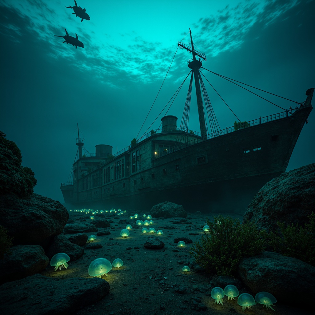 Prompt: Mysterious underwater scene, dark cyan hues, eerie bioluminescent creatures, glowing jellyfish, abandoned shipwreck, rusty metal debris, seaweed-covered rocks, misty ocean atmosphere, soft blue-green lighting, shallow depth of field, 1/2 composition, cinematic mood, realistic water textures, subtle ambient occlusion.