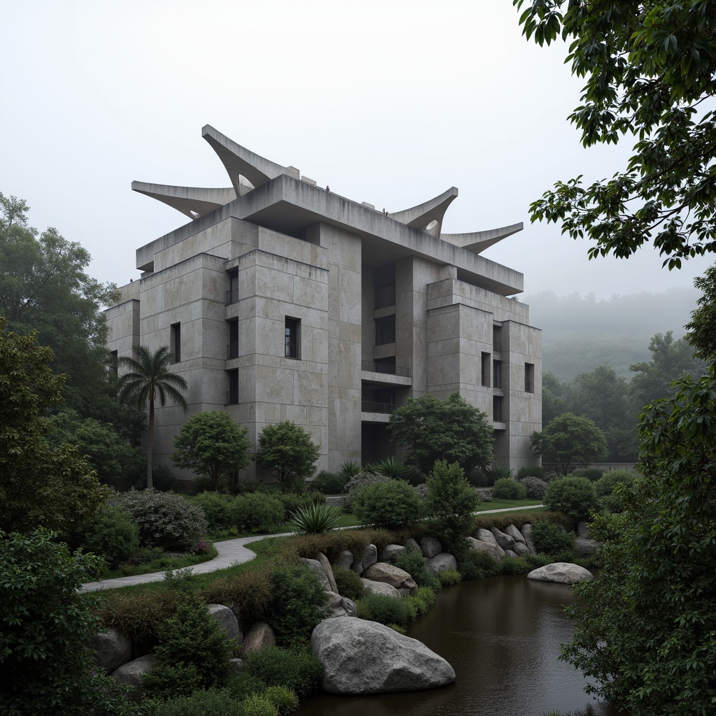 Prompt: Rugged brutalist building, fortress-like structure, raw concrete texture, angular forms, dramatic cantilevered roofs, overhanging eaves, monumental scale, urban landscape integration, dense foliage, mature trees, winding pathways, natural stone walls, meandering water features, misty atmosphere, soft diffused lighting, shallow depth of field, 2/3 composition, symmetrical framing, realistic textures, ambient occlusion.