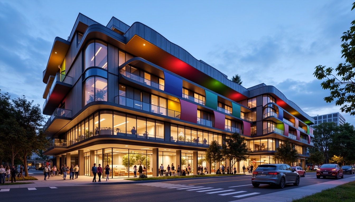 Prompt: Vibrant community center, expressive facade treatment, irregular shapes, bold color blocking, undulating rooflines, cantilevered canopies, exposed ductwork, industrial materials, metallic accents, neon signage, urban landscape, bustling streetscape, warm evening lighting, shallow depth of field, 1/2 composition, dramatic shadows, high-contrast textures, ambient occlusion.