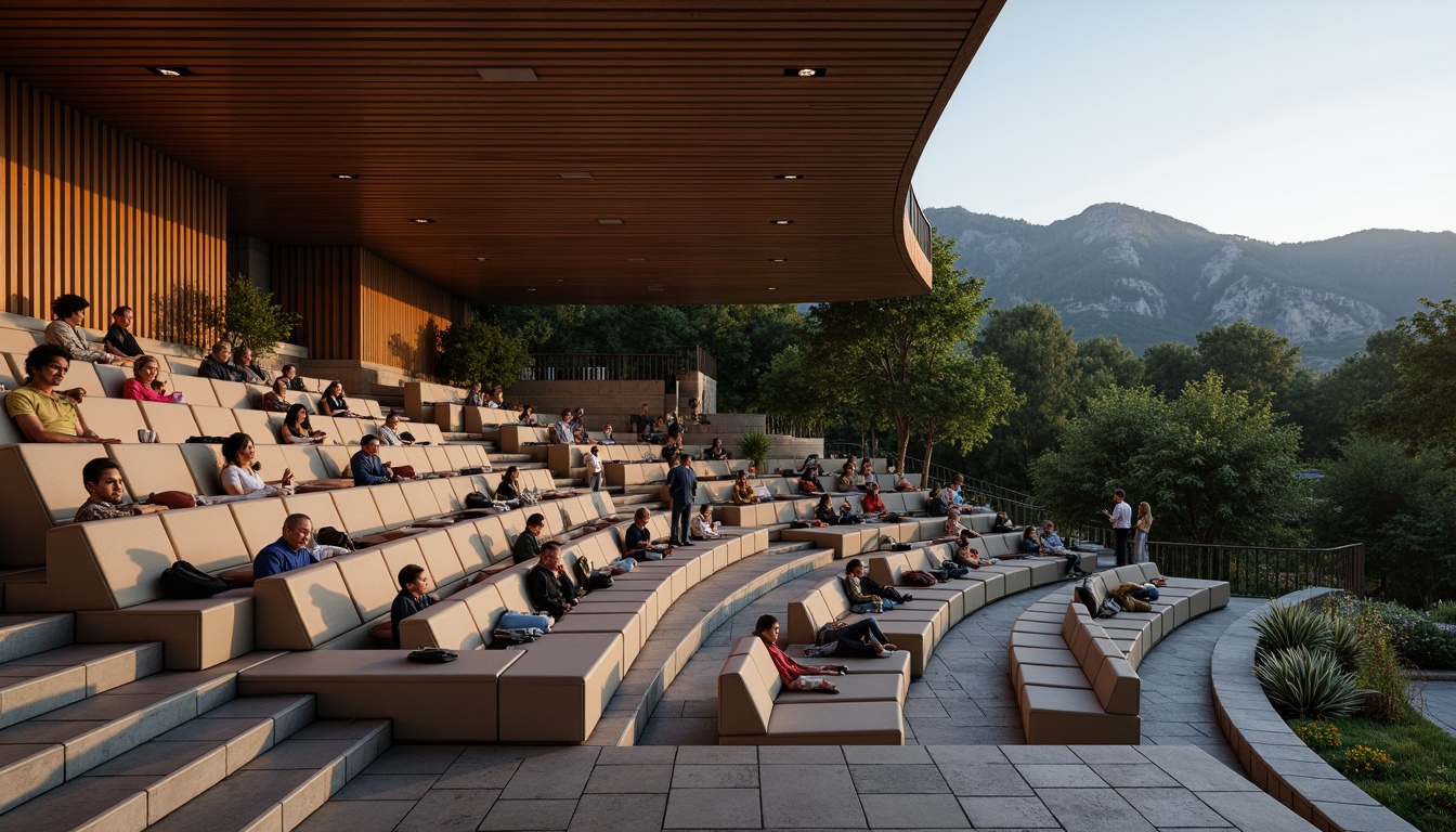 Prompt: Tiered seating, curved rows, audience visibility, optimal viewing angles, comfortable chairs, cushioned seats, ample legroom, ergonomic design, acoustic considerations, sound reflection management, natural stone or wooden flooring, subtle lighting effects, warm color scheme, inviting atmosphere, outdoor amphitheater setting, lush greenery surroundings, mountainous backdrop, serene ambiance, soft evening light, shallow depth of field, 1/2 composition.