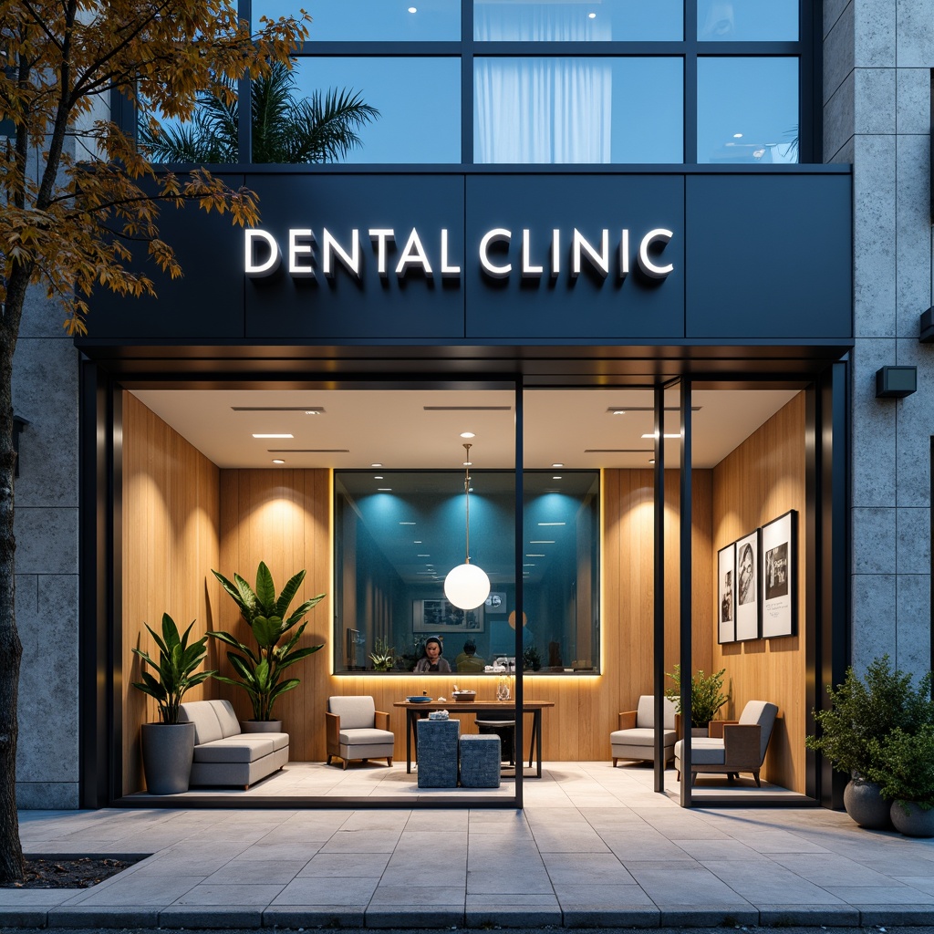 Prompt: Modern dental clinic, sleek glass facade, minimalist entrance, stainless steel frames, LED signage, calming blue accents, natural stone walls, wooden interior design, comfortable waiting area, ergonomic chairs, green plants, soft warm lighting, shallow depth of field, 3/4 composition, realistic textures, ambient occlusion, urban cityscape, morning sunlight, subtle shadows.