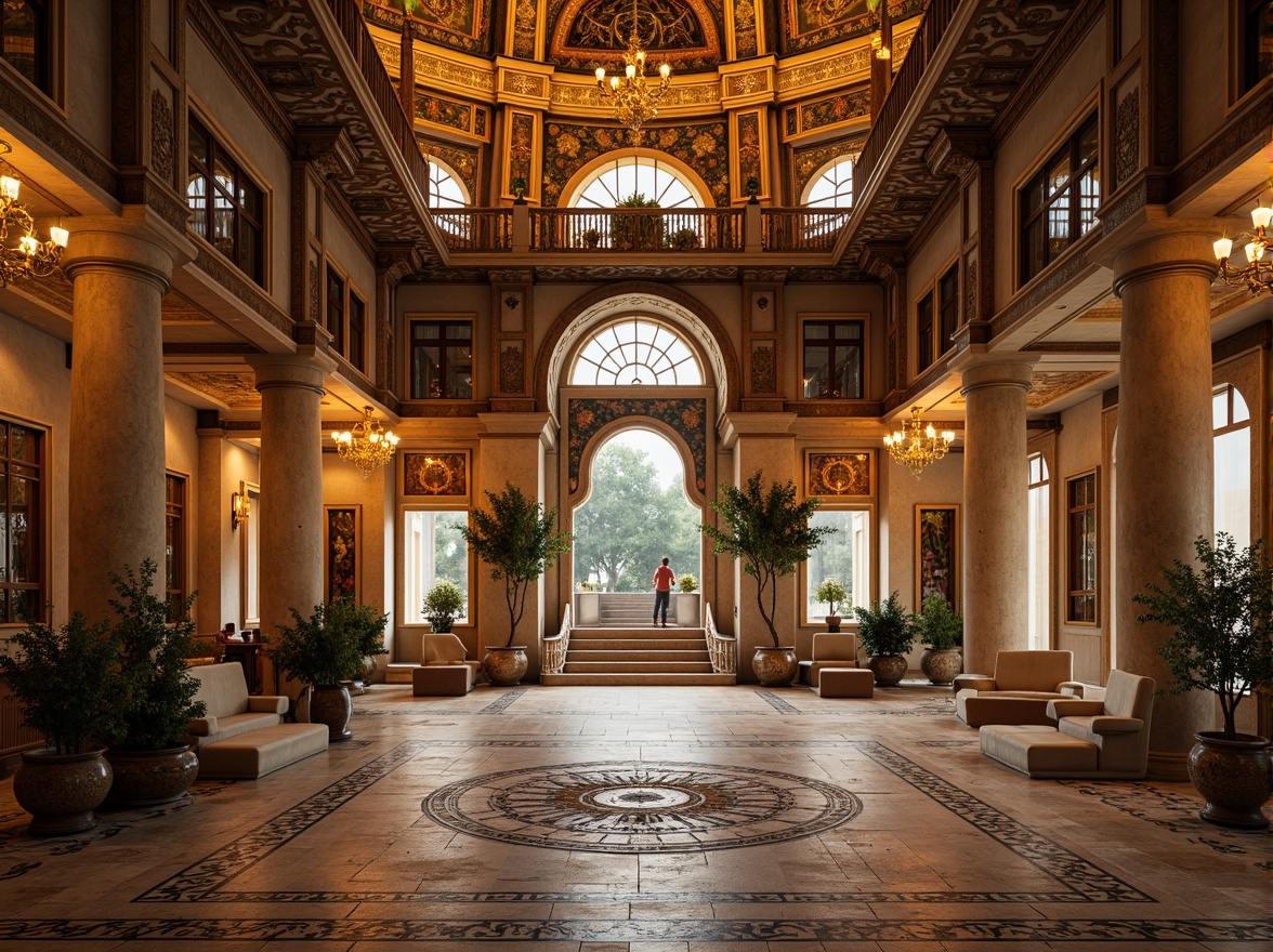 Prompt: Ornate Byzantine-style mansion, grandiose entrance arches, intricately carved stone facades, golden domes, ornamental columns, vibrant mosaic patterns, richly textured marble floors, lavish chandeliers, grand staircases, opulent furnishings, warm candlelight, soft warm colors, shallow depth of field, 1/1 composition, realistic textures, ambient occlusion.