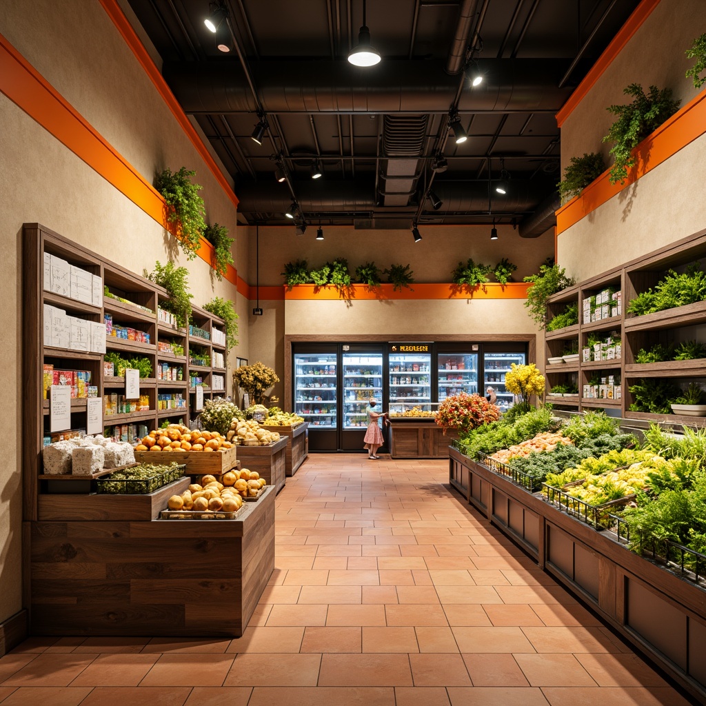 Prompt: Vibrant grocery store interior, warm beige walls, rich wood accents, fresh green produce stands, colorful fruit displays, modern metal shelving, sleek glass refrigerators, earthy terracotta flooring, natural stone countertops, rustic wooden crates, lively orange and yellow signage, soft warm lighting, shallow depth of field, 1/1 composition, realistic textures, ambient occlusion.