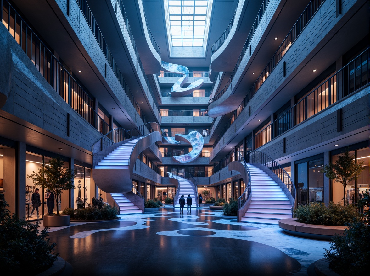 Prompt: Undulating walls, sinuous staircases, fluidic architecture, metallic sheen, iridescent colors, luminous accents, kinetic sculptures, futuristic ambiance, abstract patterns, holographic projections, neon lights, dark surroundings, misty atmosphere, shallow depth of field, 1/2 composition, wide-angle lens, cinematic lighting, photorealistic textures.