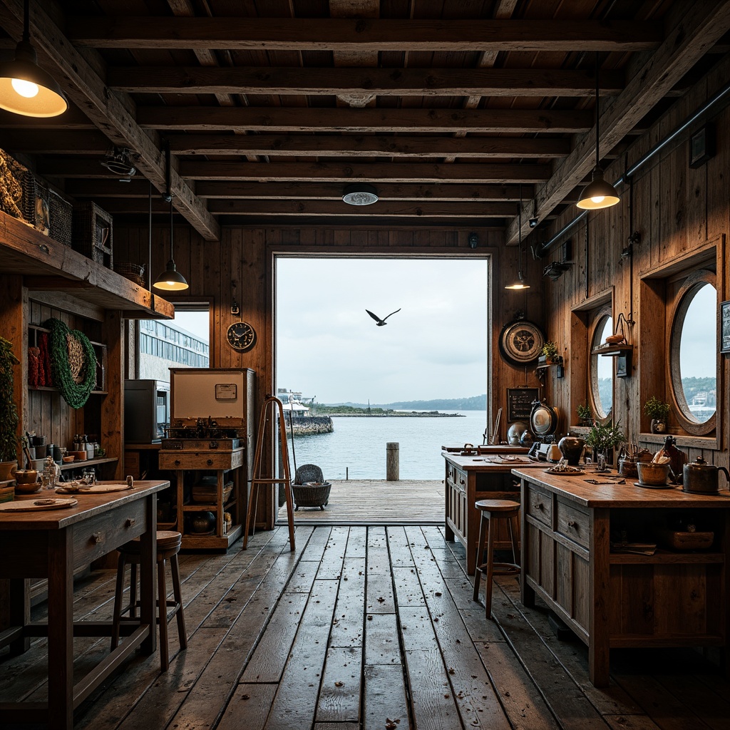 Prompt: Rustic coastal workshop, wooden dock, weathered planks, nautical ropes, fishing nets, seagulls flying, ocean breeze, salty air, natural light, open spaces, high ceilings, wooden beams, industrial lamps, metal tools, workbenches, storage crates, shipwright's desk, naval instruments, porthole windows, ocean views, cloudy sky, soft diffused lighting, shallow depth of field, 2/3 composition, atmospheric perspective.