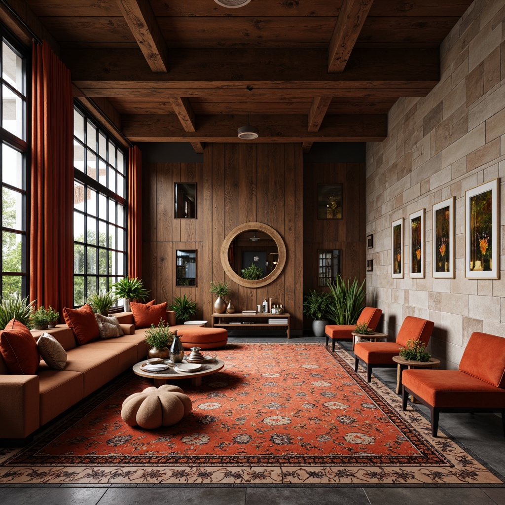 Prompt: Luxurious velvet fabrics, rich wood grain textures, metallic accents, sleek glass surfaces, natural stone walls, earthy terracotta tiles, soft suede upholstery, industrial metal beams, reclaimed wooden planks, vibrant colorful ceramics, intricate mosaic patterns, warm ambient lighting, shallow depth of field, 3/4 composition, realistic reflections, detailed normal maps.