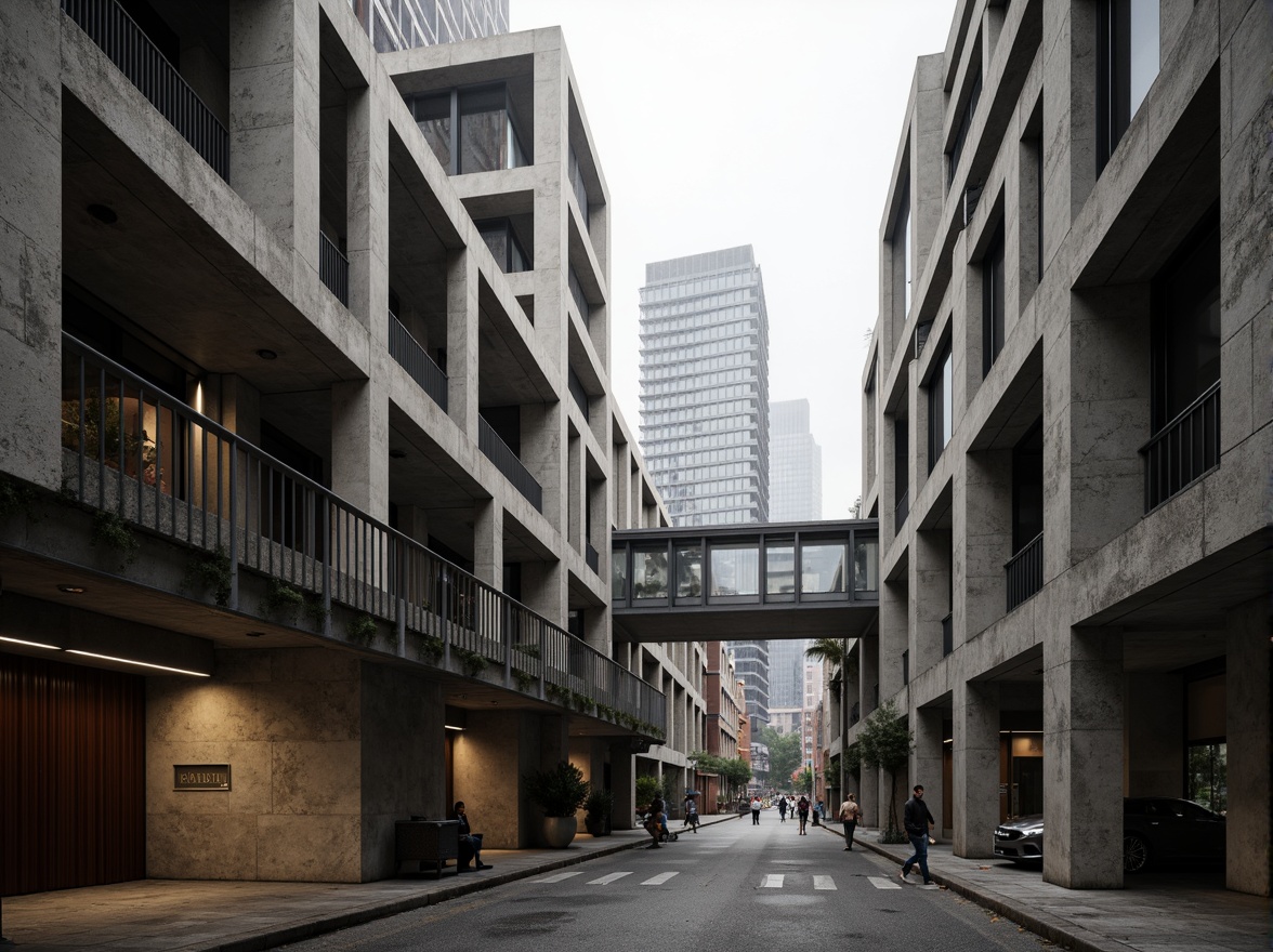 Prompt: Rugged brutalist buildings, exposed concrete structures, rough-hewn stone walls, metallic beams, industrial materials, bold geometric forms, fortress-like fa\u00e7ades, dramatic shadows, high-contrast lighting, muted color palette, raw textures, urban cityscape, overcast skies, diffuse natural light, 1/1 composition, symmetrical framing, atmospheric perspective, realistic renderings.