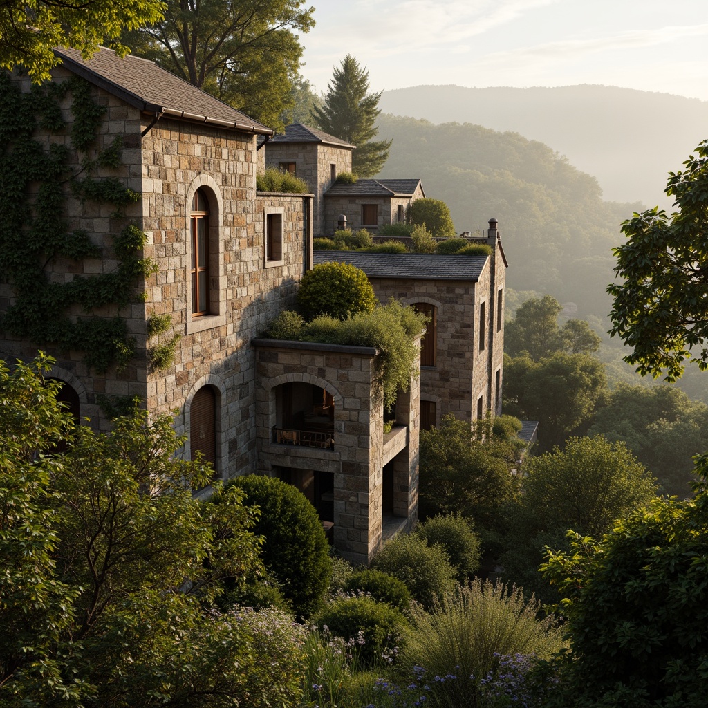 Prompt: Rustic stone buildings, arched windows, ornate carvings, lush greenery, overgrown vines, ancient trees, serene countryside, rolling hills, misty morning, warm golden lighting, soft focus, 1/1 composition, intimate atmosphere, natural textures, ambient occlusion, earthy tones, moss-covered walls, weathered stone surfaces, tranquil ambiance.