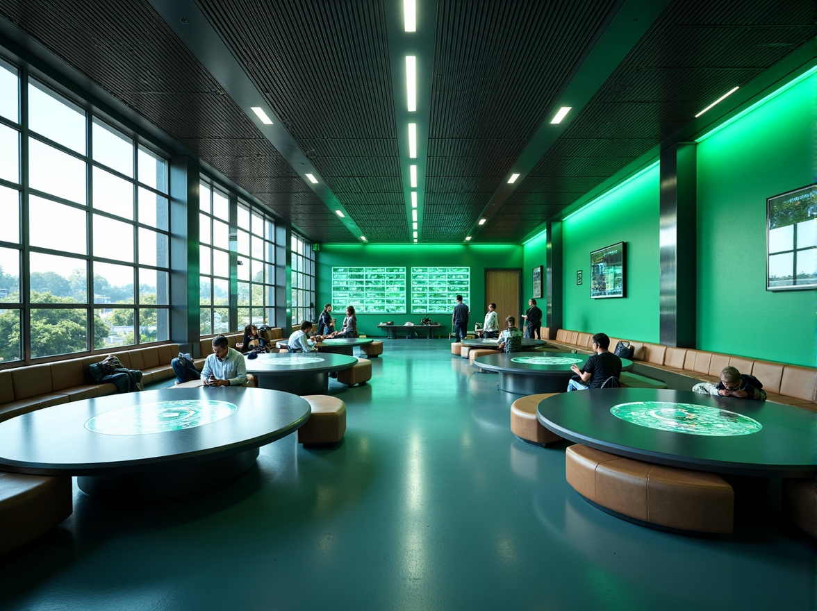 Prompt: Futuristic school interior, sleek metal accents, neon-lit corridors, holographic displays, interactive whiteboards, circular seating areas, minimalist desks, ergonomic chairs, vibrant green walls, floor-to-ceiling windows, natural light, soft ambient glow, 3/4 composition, shallow depth of field, panoramic view, realistic textures, ambient occlusion.