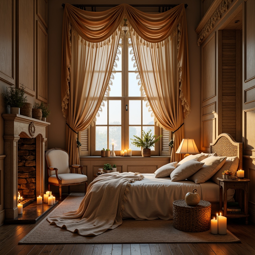 Prompt: Whimsical boudoir, soft velvety drapes, flowing silk curtains, delicate lace trimmings, ornate wooden shutters, distressed finishes, vintage hardware, romantic candlelight, warm golden hues, plush area rugs, luxurious fabrics, billowy sheers, subtle patterns, elegant folds, dramatic swags, opulent tassels, lavish trims, intimate ambiance, cozy nooks, relaxing atmosphere, soft focus, warm color palette, 1/2 composition, shallow depth of field.