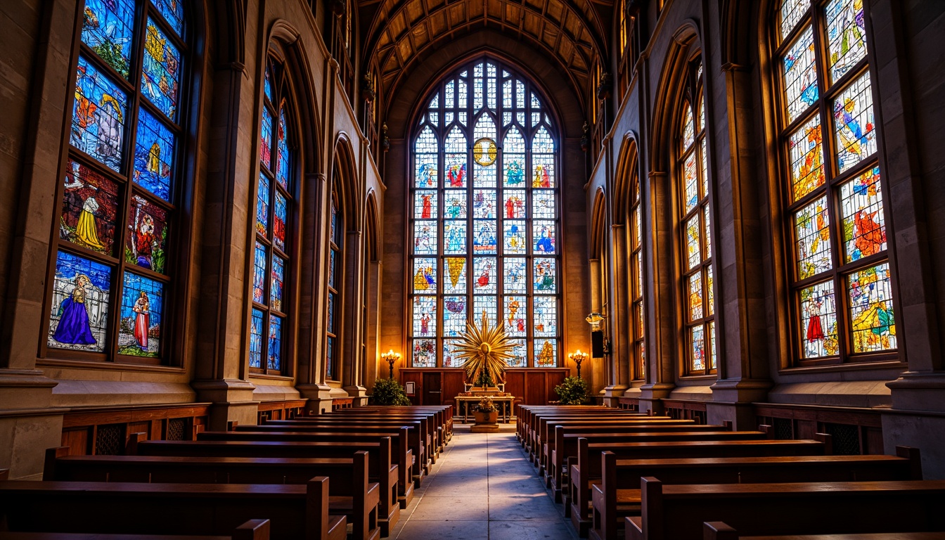 Prompt: Vibrant stained glass windows, kaleidoscope colors, intricate patterns, Gothic Revival architecture, grand cathedrals, ornate details, majestic ceilings, sacred atmospheres, warm soft lighting, diffused natural light, rich textures, luxurious materials, opulent decorations, Baroque influences, dramatic effects, spiritual symbolism, vivid hues, luminous ambiance, 1/1 composition, symmetrical framing, subtle shading, realistic reflections.