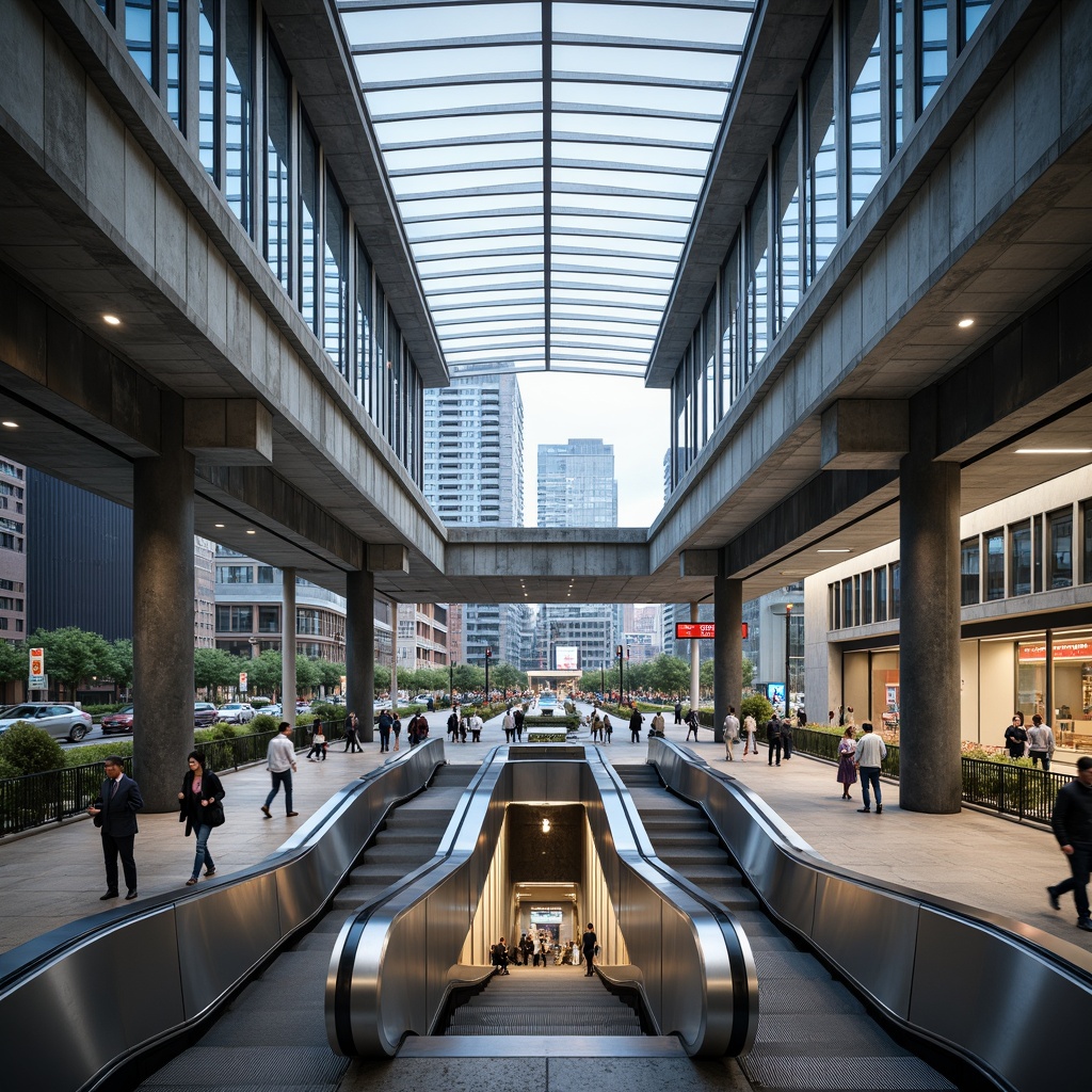 Prompt: Modern metro station, sleek lines, futuristic architecture, industrial materials, exposed concrete, steel beams, glass roofs, LED lighting, urban cityscape, rush hour atmosphere, busy pedestrian traffic, dynamic escalators, stainless steel handrails, durable flooring, acoustic panels, noise reduction systems, natural ventilation, energy-efficient systems, sustainable building practices, minimalist design, functional layout, efficient circulation paths, panoramic views, shallow depth of field, 1/2 composition, realistic textures.