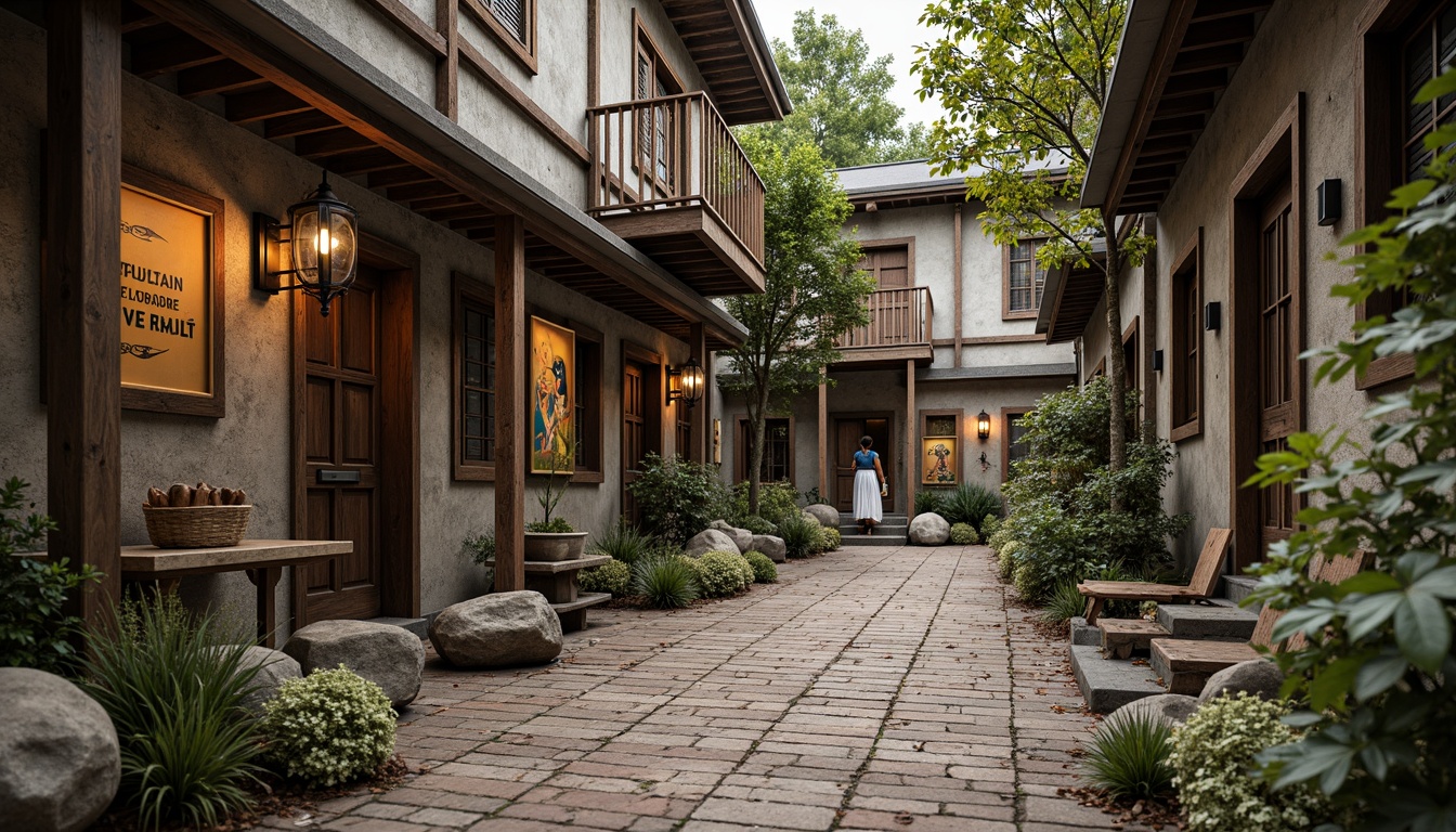 Prompt: Rustic wooden planks, weathered stone walls, distressed metal sheets, rough-hewn boulders, moss-covered rocks, peeling paint, faded murals, cracked concrete floors, worn brick pathways, vintage signage, ornate ironwork, intricate carvings, natural fiber textiles, earthy color palette, warm ambient lighting, shallow depth of field, 2/3 composition, realistic textures, ambient occlusion.