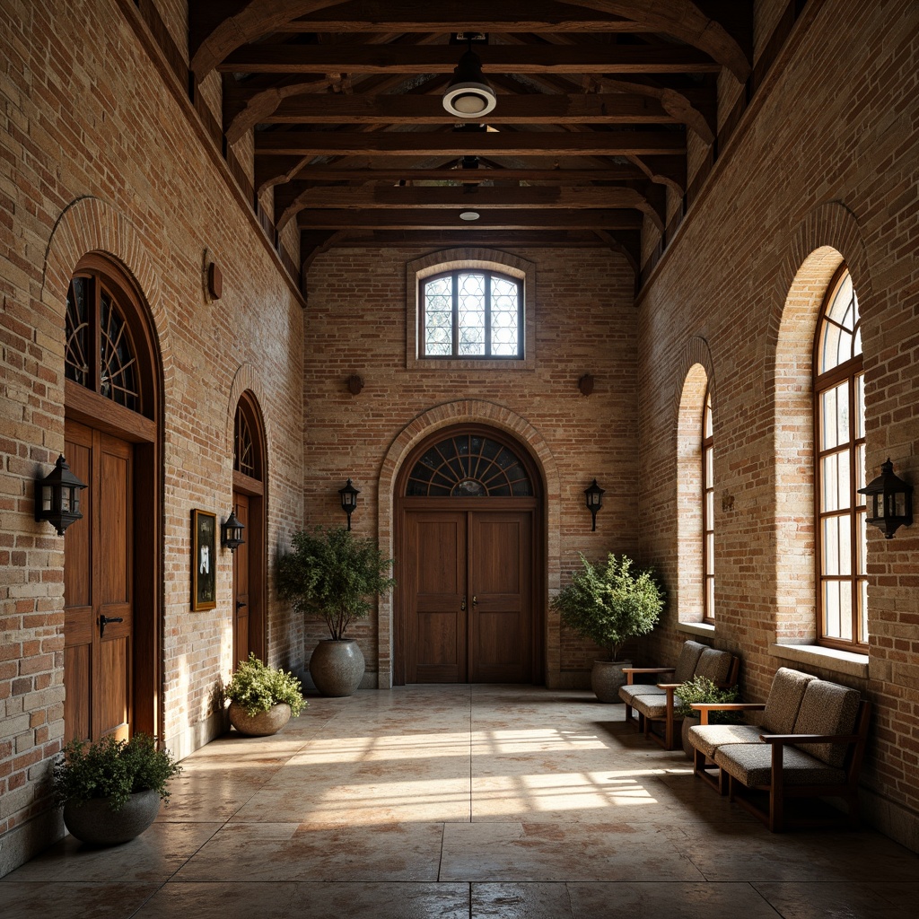 Prompt: Ancient stone walls, rustic brick facades, grand archways, ornate carvings, stained glass windows, heavy wooden doors, decorative ironwork, vaulted ceilings, warm earthy tones, natural stone flooring, distressed wood accents, medieval-inspired furnishings, soft diffused lighting, 1/1 composition, symmetrical layout, atmospheric mist, rich textures, subtle ambient occlusion.