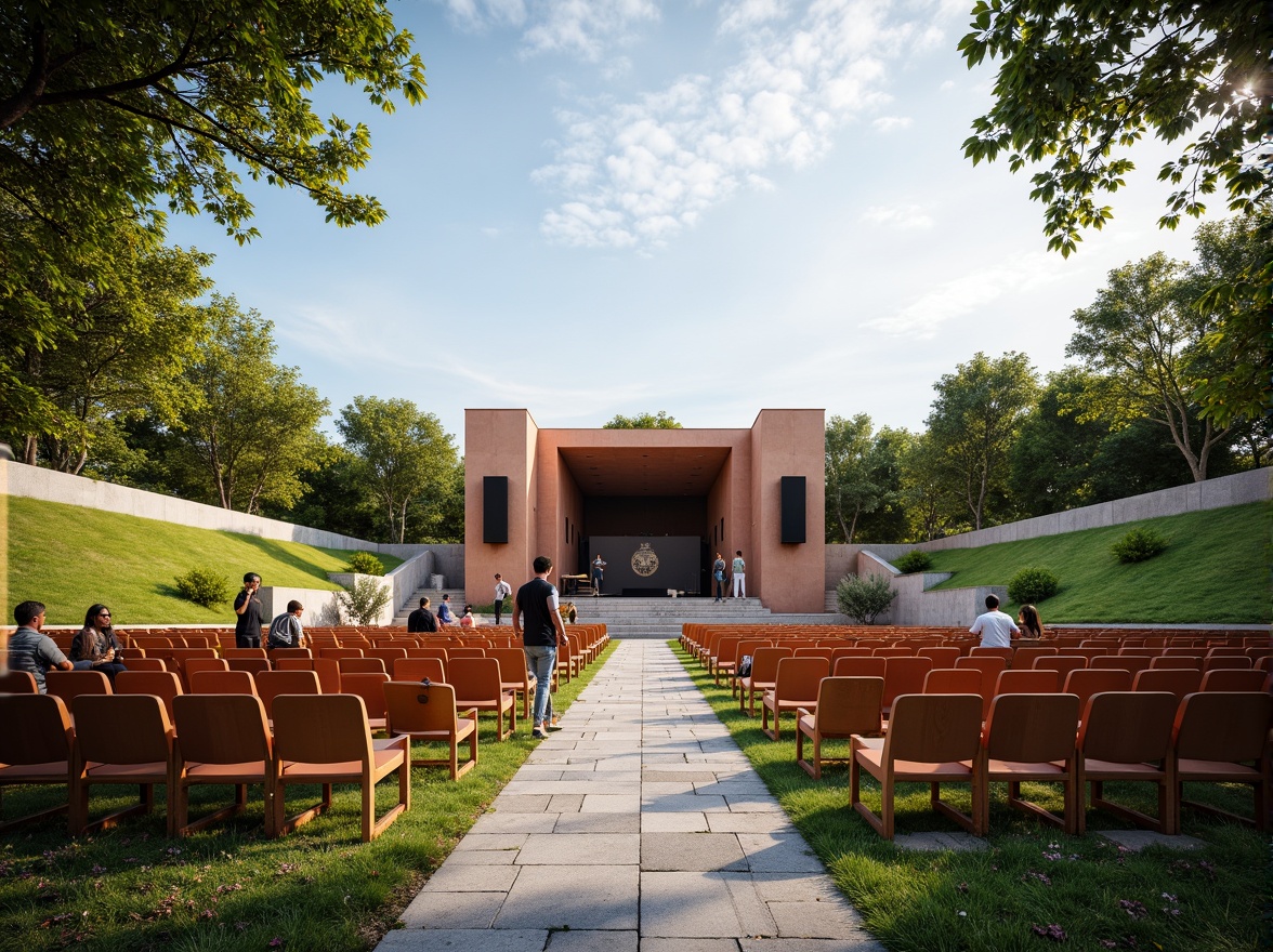 Prompt: Tiered seating, curved rows, comfortable chairs, ample legroom, optimal viewing angles, central performance stage, elevated speaker systems, acoustic panels, natural stone flooring, grassy slopes, sunny day, warm soft lighting, shallow depth of field, 3/4 composition, panoramic view, realistic textures, ambient occlusion.