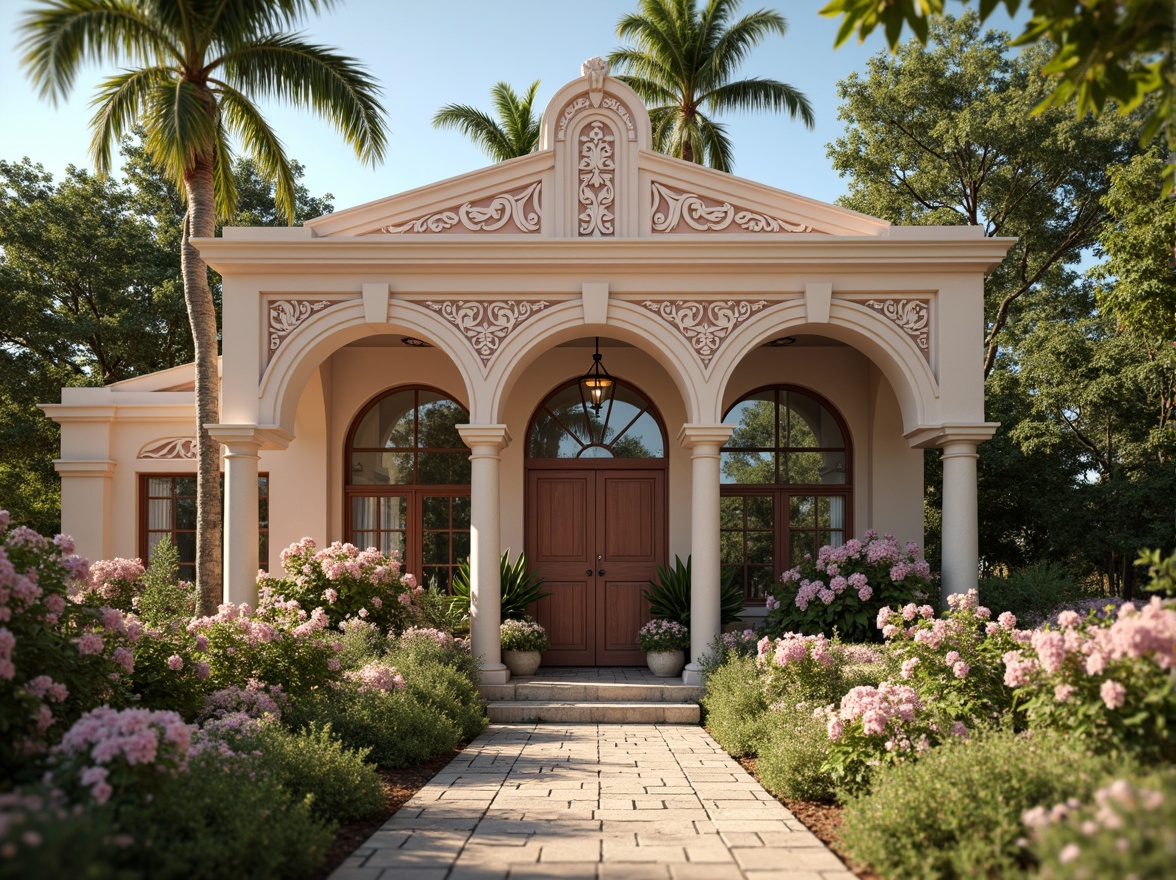 Prompt: Whimsical clinic facade, ornate Victorian details, soft pastel colors, delicate filigree patterns, grand entrance archways, elegant columns, intricate stonework, lush greenery, blooming flowers, natural stone walls, stained glass windows, warm golden lighting, shallow depth of field, 1/2 composition, romantic atmosphere, realistic textures, ambient occlusion.