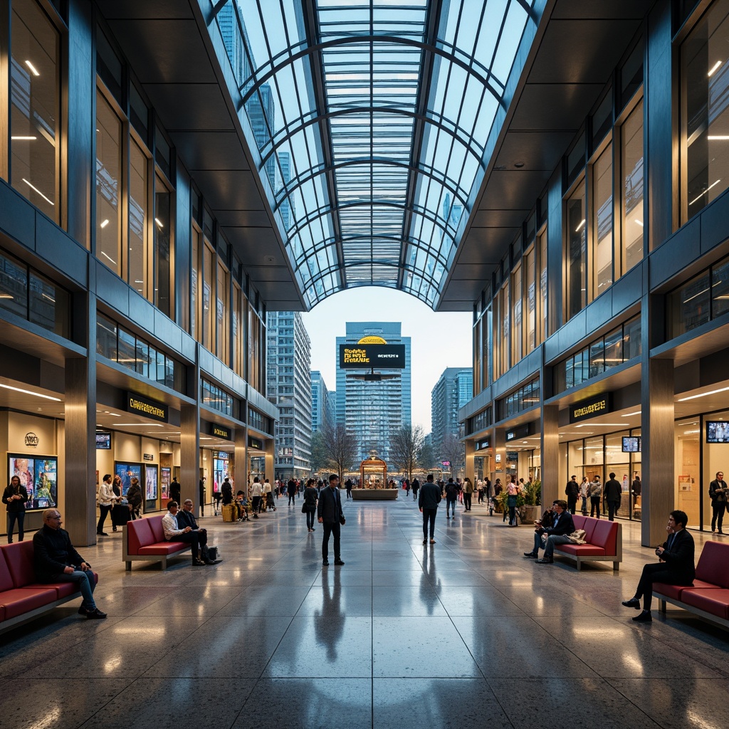 Prompt: Modern metro station interior, sleek glass ceilings, stainless steel columns, polished granite floors, vibrant LED lighting, comfortable seating areas, futuristic digital displays, clear signage systems, efficient crowd control measures, spacious platforms, natural stone walls, urban cityscape views, rush hour atmosphere, warm color tones, shallow depth of field, 1/2 composition, realistic textures, ambient occlusion.