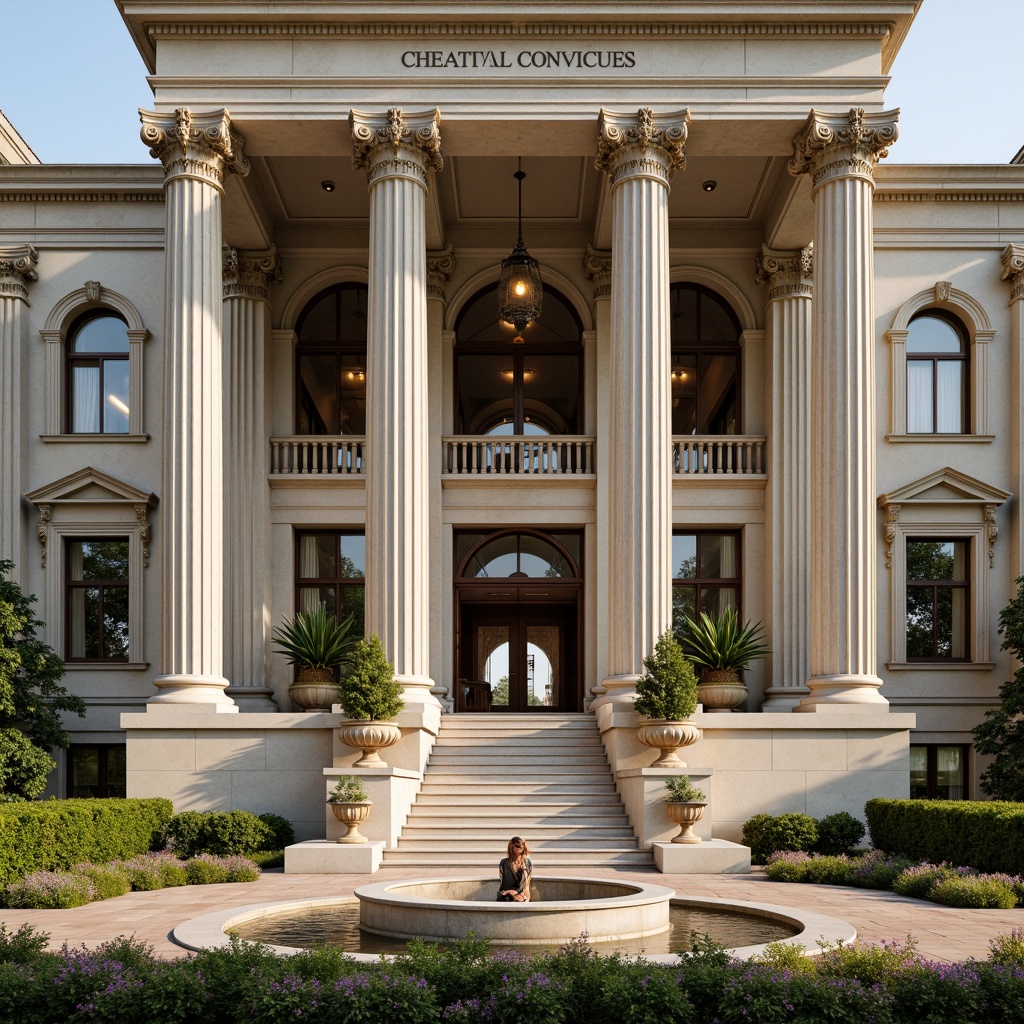 Prompt: Grandiose courthouse facade, neoclassical architecture, ornate columns, symmetrical composition, majestic entrance, polished granite walls, bronze door handles, intricate stone carvings, dramatic arches, grand staircase, high ceilings, elegant chandeliers, formal fountain, manicured lawn, vibrant flower beds, sunny day, soft warm lighting, shallow depth of field, 3/4 composition, panoramic view, realistic textures, ambient occlusion.