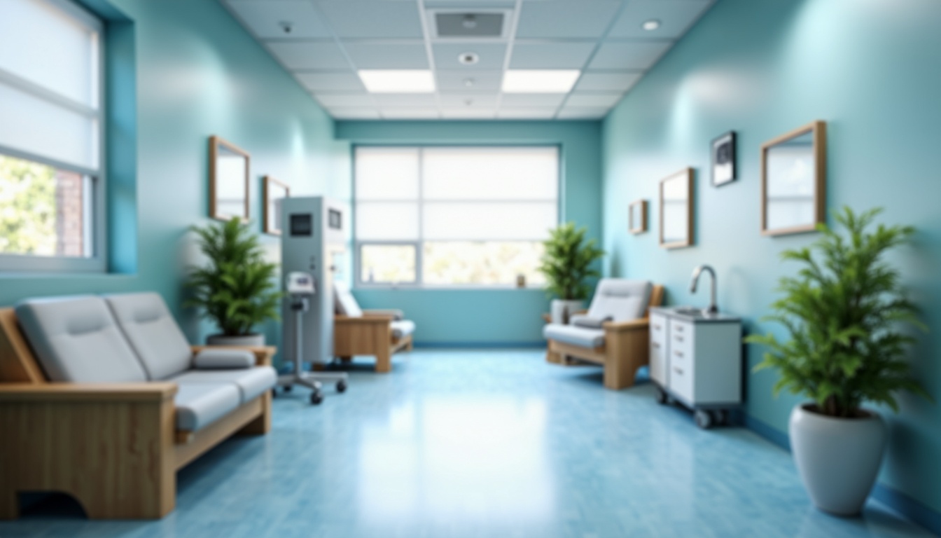 Prompt: Soothing hospital interior, powder blue accent walls, calming atmosphere, medical equipment, stainless steel surfaces, gentle lighting, comfortable waiting areas, natural wood furniture, minimalist decor, peaceful ambiance, soft cushions, rounded edges, non-toxic materials, easy cleaning surfaces, subtle texture patterns, calming color scheme, serene background, shallow depth of field, 1/2 composition, realistic rendering.