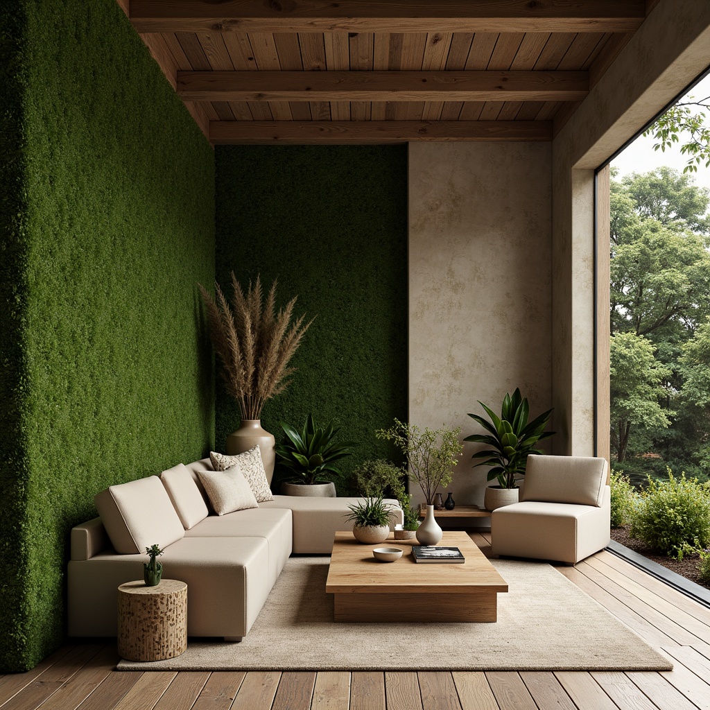 Prompt: \Moss green accents, natural stone walls, earthy tones, organic textures, botanical patterns, lush foliage, serene atmosphere, warm beige furniture, reclaimed wood floors, soft diffused lighting, 1/1 composition, shallow depth of field, realistic materials, ambient occlusion.\Please let me know if you need any adjustments or modifications!