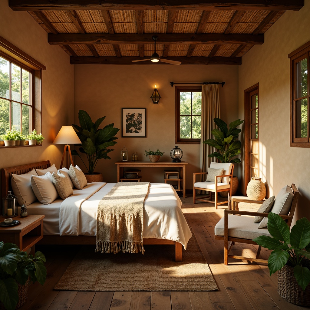 Prompt: Cozy dormitory, earthy tone walls, rustic wooden accents, warm beige furniture, soft cream bedding, natural linen textures, woven rattan baskets, distressed wooden floors, vintage metal lanterns, lush greenery, tropical plants, warm golden lighting, shallow depth of field, 1/1 composition, intimate atmosphere, relaxing ambiance.