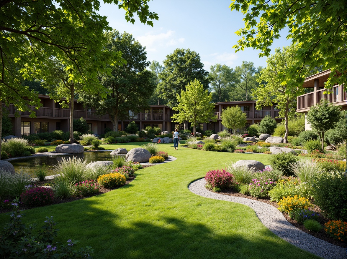 Prompt: Lush green lawn, vibrant flowerbeds, ornamental trees, meandering pathways, rustic stone walls, wooden fences, serene water features, tranquil ponds, colorful garden benches, natural rock formations, blooming shrubs, sunny day, soft warm lighting, shallow depth of field, 3/4 composition, panoramic view, realistic textures, ambient occlusion.