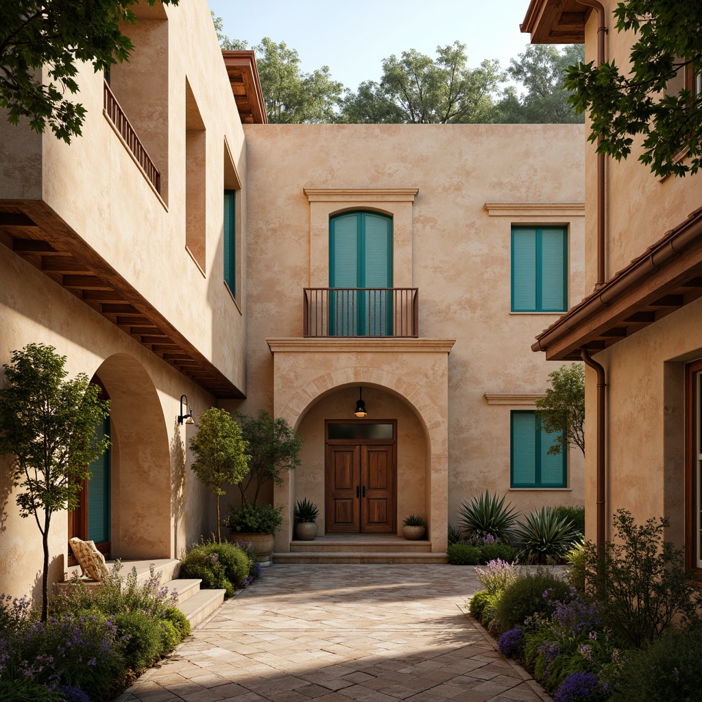 Prompt: Warm beige stone walls, rustic terracotta roofs, ornate carvings, grand archways, vibrant turquoise accents, earthy brown wooden doors, soft golden lighting, misty morning atmosphere, shallow depth of field, 1/2 composition, realistic textures, ambient occlusion, natural stone pathways, lush greenery, blooming flowers, serene courtyard, peaceful ambiance.