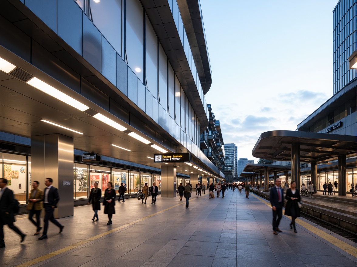 Prompt: Curved aerodynamic fa\u00e7ade, metallic silver cladding, horizontal lines, rounded edges, futuristic transportation hub, bustling urban setting, morning rush hour, natural stone flooring, sleek glass canopies, minimalist signage, modern LED lighting, dynamic movement blur, shallow depth of field, 2/3 composition, panoramic view, realistic reflections, ambient occlusion, urban cityscape, busy streets, crowded platforms, advanced public transit systems.