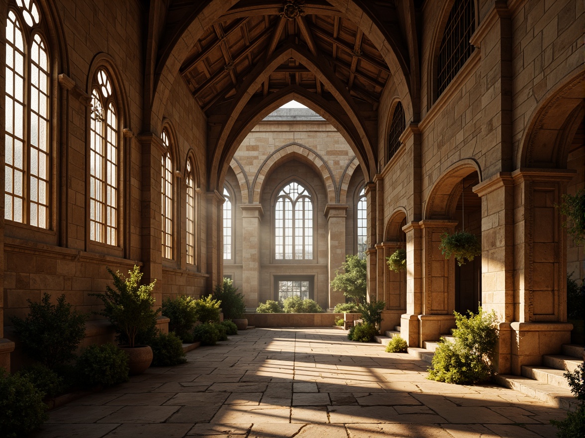 Prompt: Rustic stone walls, ornate carvings, grand arched windows, stained glass details, intricate column capitals, weathered brick facades, medieval-inspired architecture, warm golden lighting, soft misty atmosphere, shallow depth of field, 1/2 composition, symmetrical framing, rich textures, ambient occlusion.