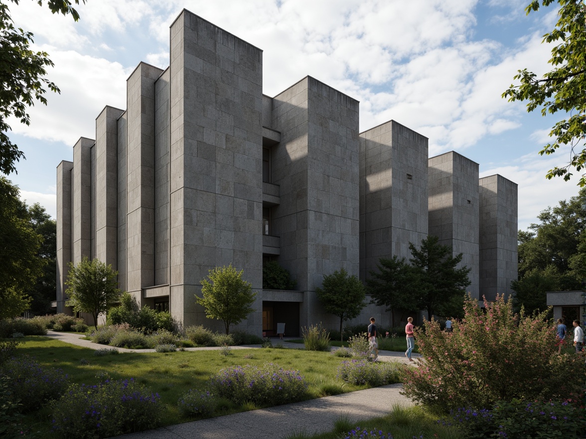 Prompt: Rugged brutalist building, raw concrete textures, fortress-like structures, angular geometries, imposing scale, harsh shadows, overgrown vegetation, wildflowers, meandering pathways, weathered stone walls, industrial materials, functional minimalism, urban decay, abandoned landscapes, dramatic skies, bold color contrasts, high-contrast lighting, cinematic composition, atmospheric perspective, gritty realistic render.