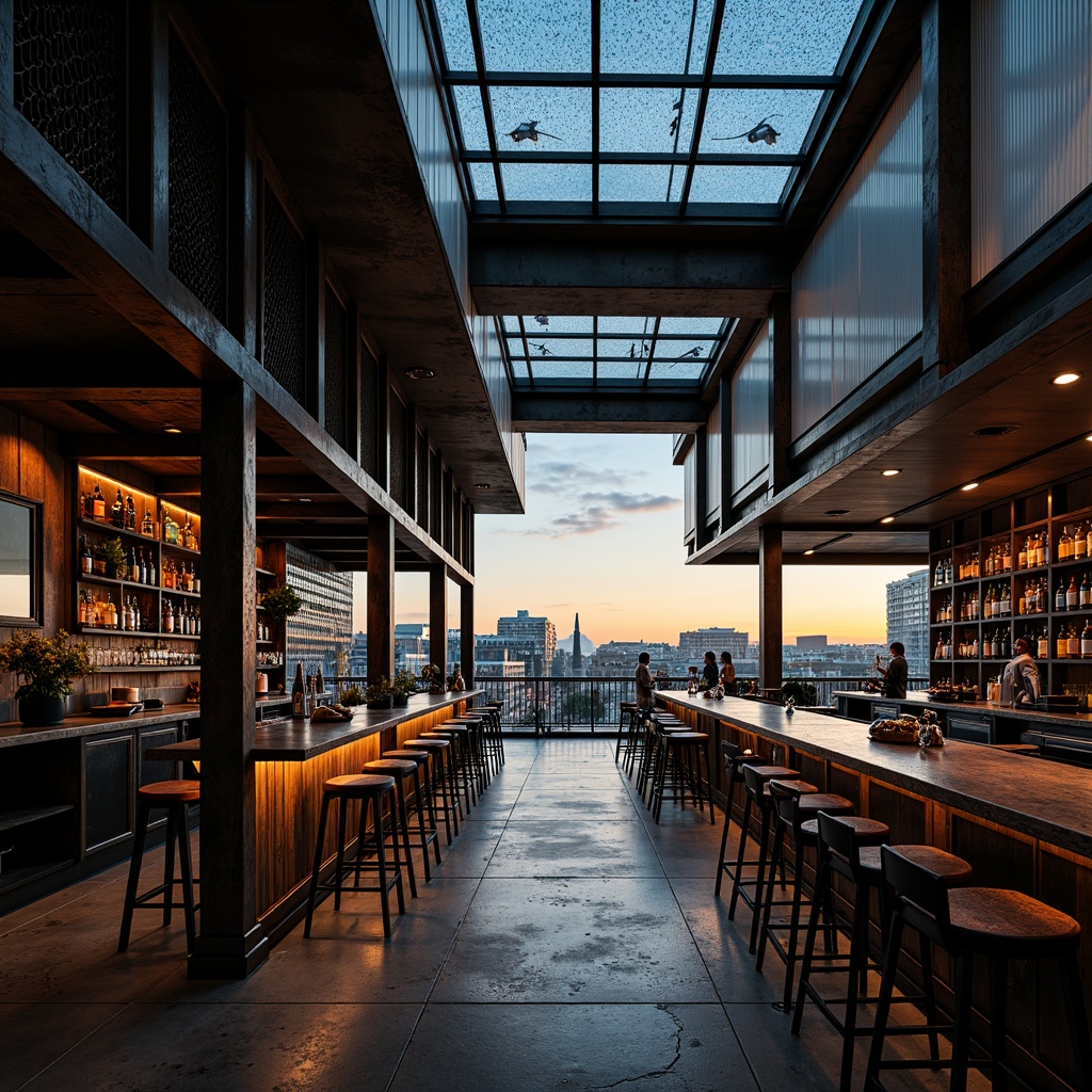 Prompt: Industrial bar structure, exposed steel beams, metallic latticework, reclaimed wood accents, urban cityscape, gritty concrete textures, moody atmospheric lighting, warm golden hour, shallow depth of field, 1/2 composition, cinematic framing, realistic reflections, ambient occlusion, muted color palette, dark blues, industrial greys, rusty oranges, weathered copper tones, distressed finishes, brutalist architectural style, functional minimalism.