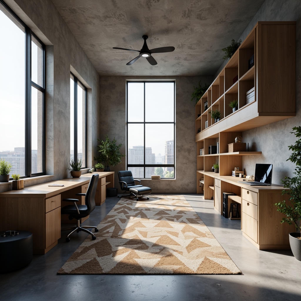 Prompt: Minimalist dorm room, modern furniture, sleek lines, monochromatic color scheme, industrial chic decor, polished concrete floors, geometric patterned rugs, functional storage units, compact desks, ergonomic chairs, floor-to-ceiling windows, natural light, soft warm ambiance, 1/1 composition, shallow depth of field, realistic textures, ambient occlusion.