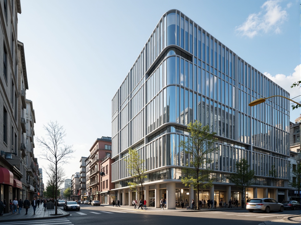 Prompt: Modern building facade, sleek glass surfaces, metallic accents, neutral color palette, soft pastel hues, calming blue tones, crisp white lines, industrial chic aesthetic, urban cityscape, bustling streets, morning sunlight, shallow depth of field, 1/1 composition, realistic reflections, ambient occlusion.