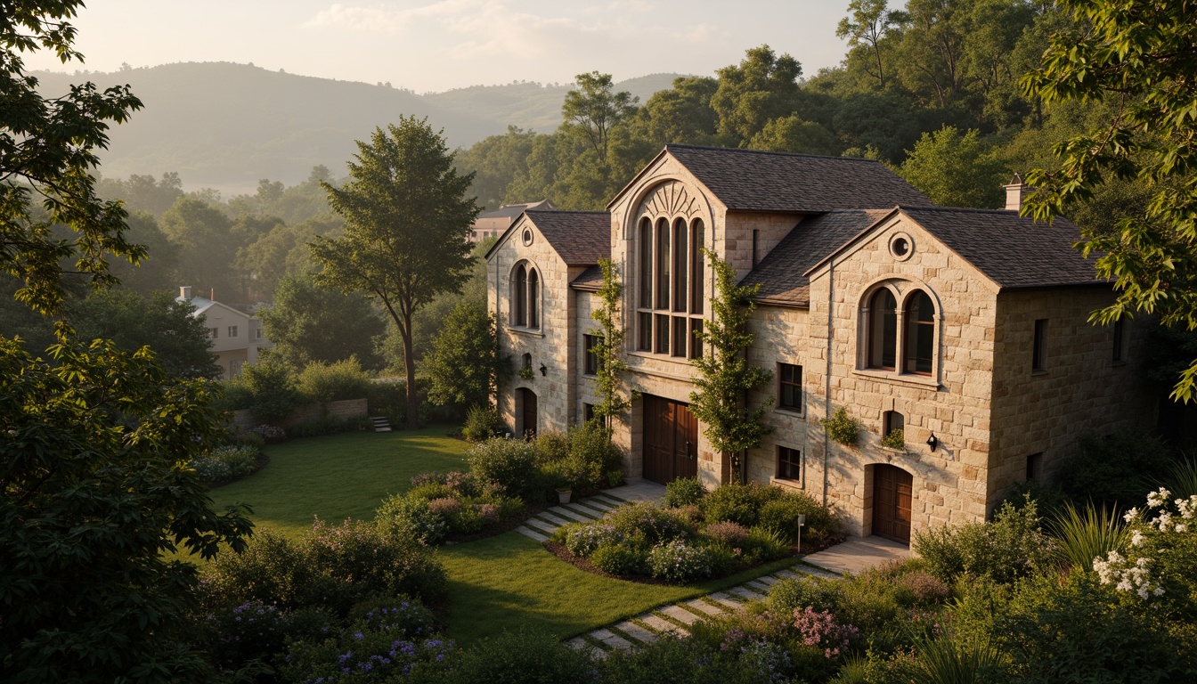 Prompt: Rustic stone buildings, arched windows, ornate carvings, lush greenery, overgrown vines, ancient trees, serene countryside, rolling hills, misty morning, warm golden lighting, soft focus, 1/1 composition, intimate atmosphere, natural textures, ambient occlusion, earthy tones, moss-covered walls, weathered stone surfaces, tranquil ambiance.