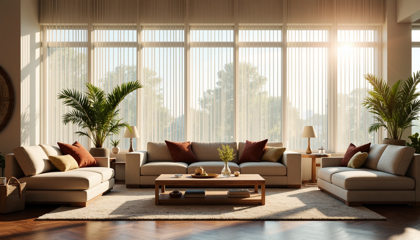 Prompt: Vibrant living room, floor-to-ceiling windows, sheer white curtains, warm natural light, soft shadows, comfortable seating area, wooden coffee table, plush sofas, greenery plants, modern minimalist decor, neutral color palette, subtle textures, 1/1 composition, shallow depth of field, realistic rendering.